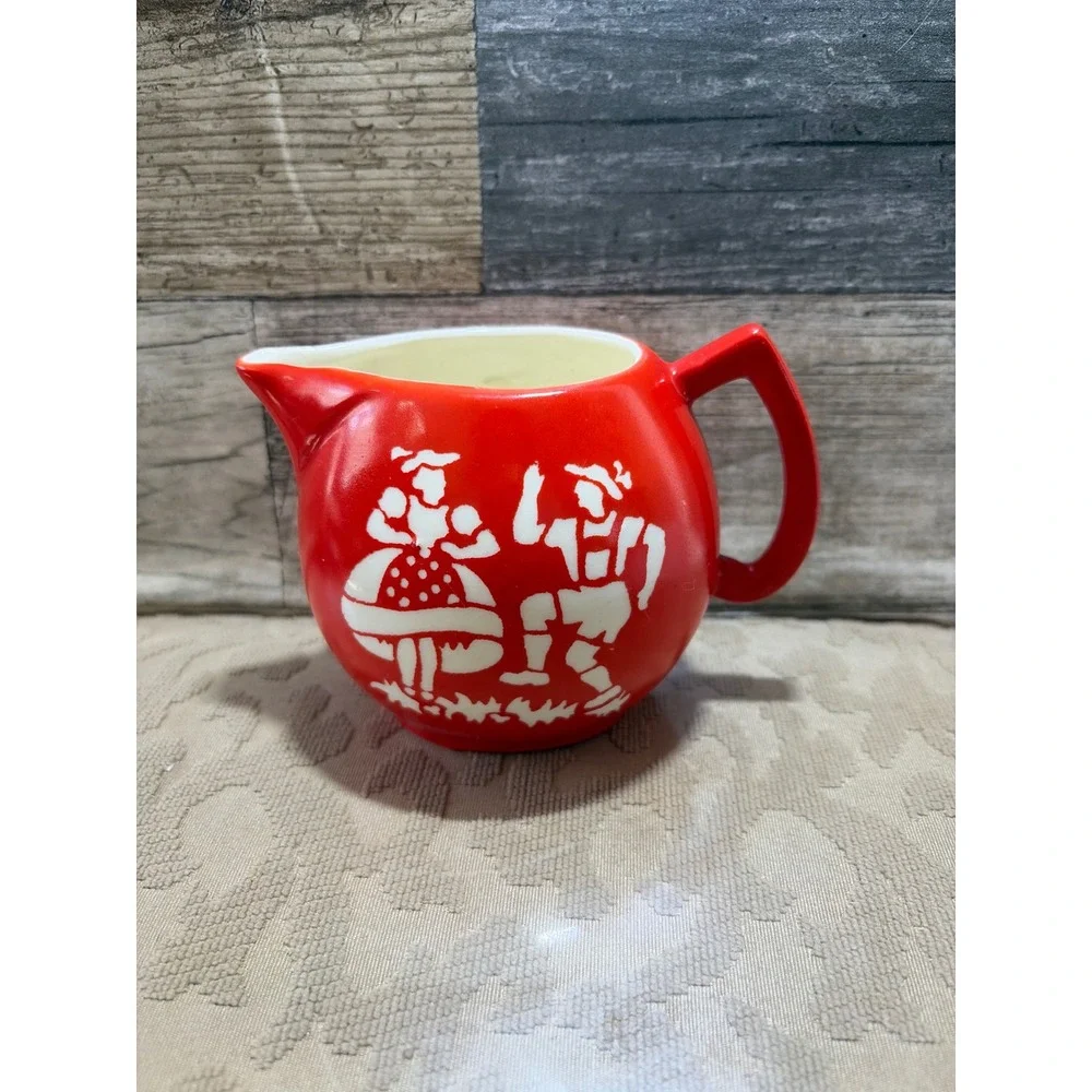Vintage Red Folk Art Creamer Pitcher Made in Czechoslovakia Dancing Couple